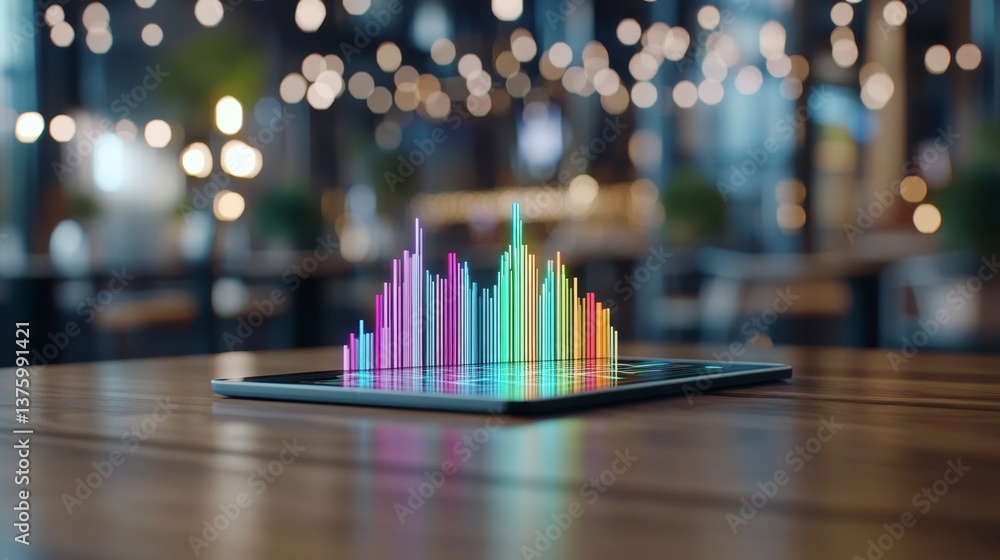 Poster vibrant multicolored bar graph displayed on a tablet, sitting on a wooden table in a blurred backgro