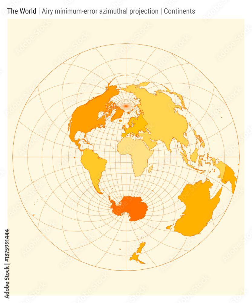 Poster world map. airy minimum-error azimuthal projection. continents style. high detail world map for info