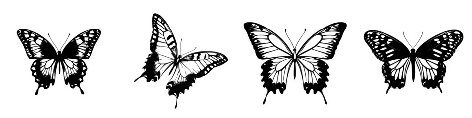 Four detailed butterfly silhouettes showcasing unique wing patterns and designs in black art style