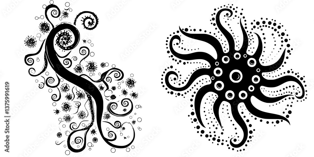Poster intricate black abstract shapes with swirling lines and dots on a white background create dynamic co