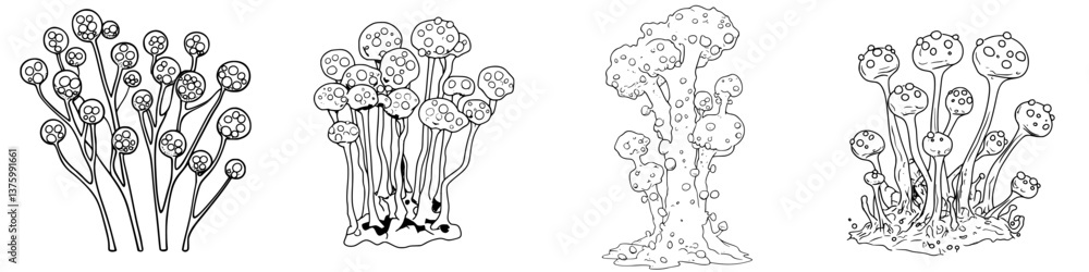 Poster various unique mushroom illustrations showcasing different shapes and structures in a whimsical styl