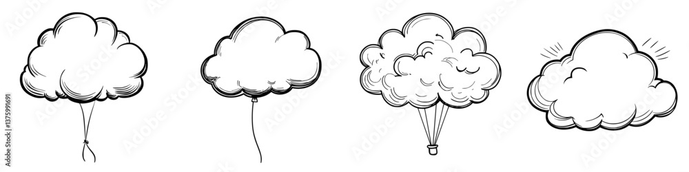 Poster creative cloud illustrations showing different shapes and styles with varying outlines and details