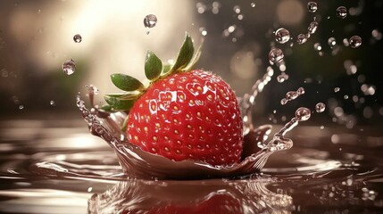 Strawberry immerses in dark chocolate, showcased under vibrant studio lighting, creating a mouthwatering visual delight.