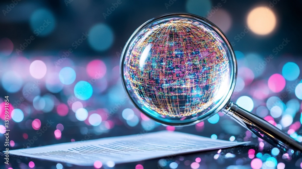 Poster magnifying glass revealing colorful data points on a document against a bokeh background. close up v