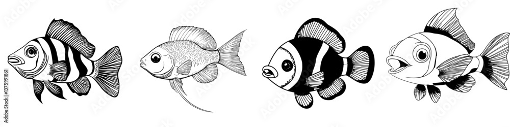 Poster illustrations of various fish with detailed features showcasing unique designs and expressions in a 
