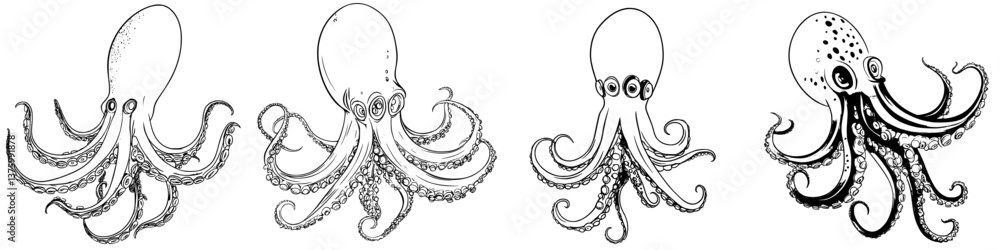 Poster multiple sketches of octopuses displayed in various artistic styles and perspectives