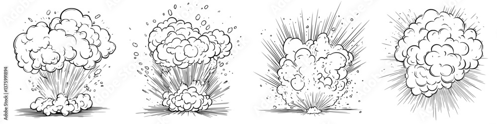 Poster explosive cloud illustrations showing different stages of an explosion in a dynamic sequence
