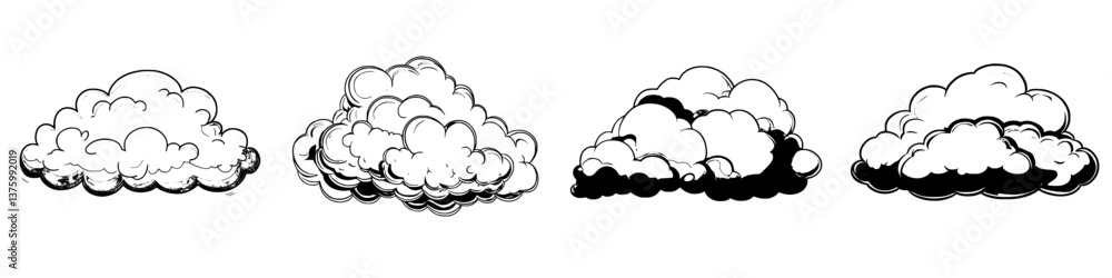 Poster various styles of cartoon clouds representing different moods and weather conditions in a simplistic
