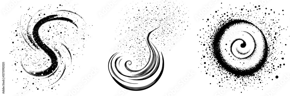 Poster artistic swirl designs representing cosmic patterns on a white background created by digital illustr