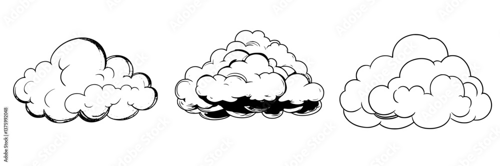 Poster different styles of clouds in black and white illustration showcasing various textures and shapes fr