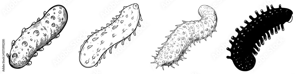 Poster different types of cucumber illustrations showcasing various textures and shapes in a minimalist bla