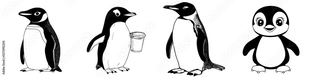 Poster penguins engaging in various activities with playful expressions and styles in a creative art style