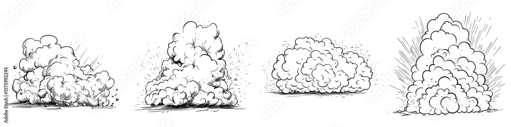 Poster explosive cloud formations depicted in sequential illustrations showcasing dynamic smoke effects in 