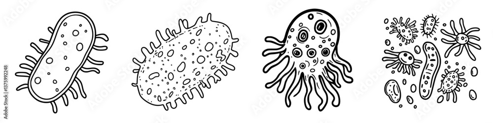 Poster microorganisms displayed in detailed sketches highlighting their unique structures and characteristi