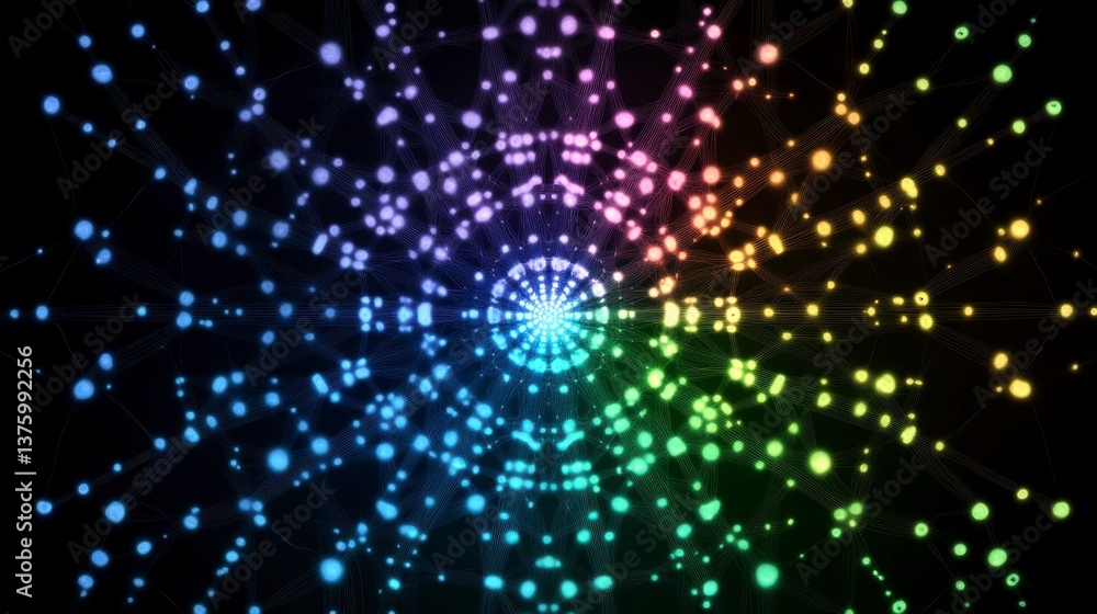 Poster abstract background with colorful glowing particles radiating outward from a central point, creating