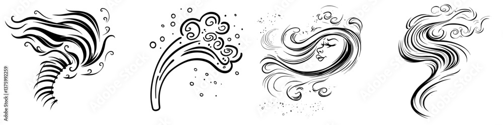 Poster artistic illustrations of flowing lines and abstract shapes representing wind and movement in a crea