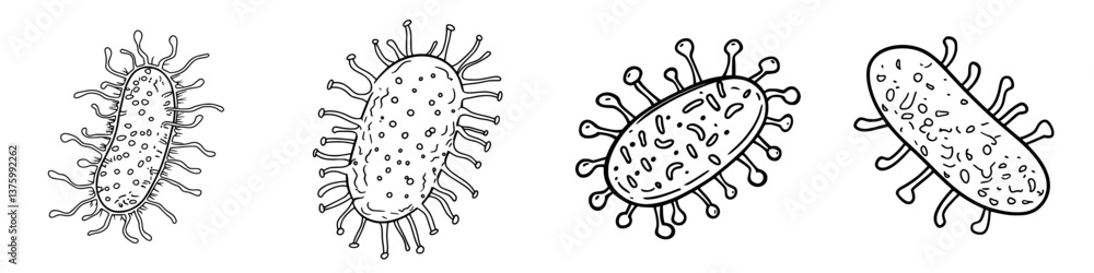 Poster detailed drawings of various bacteria with distinct shapes and structures, showcasing biological div