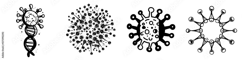 Poster different illustrations of viruses showcasing their unique structures and characteristics in a scien