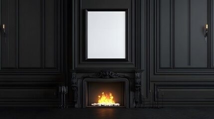 Professional interior design: Dark grey living room with empty frame on wall showcasing elegance and minimalism