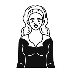 A pretty smiling doodle-style woman. Vector black and white linear illustration, hand-drawn sketch