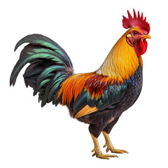 Fototapeta premium Vibrant Rooster Displaying Colorful Feathers on white background