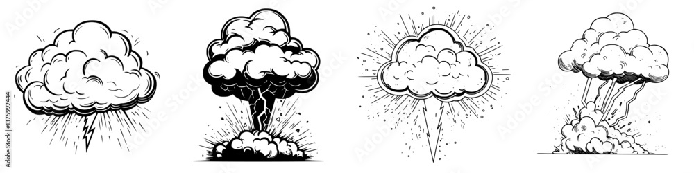 Poster detailed illustrations of explosive cloud formations depicting various stages of eruptions and explo