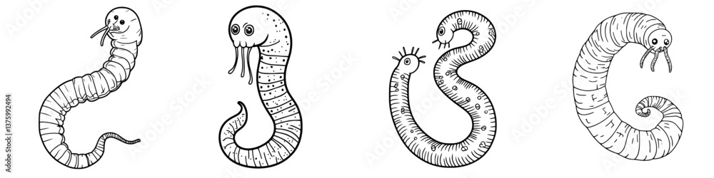 Poster cartoon worms in various poses and expressions showcase creativity and fun in a whimsical setting