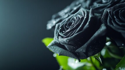 Black roses with droplets showcase elegance and mystery in a dimly lit setting