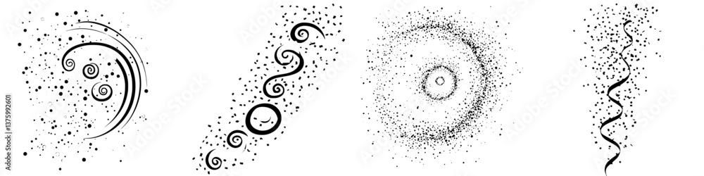 Poster creative black and white abstract designs illustrating swirling patterns with scattered dots and lin