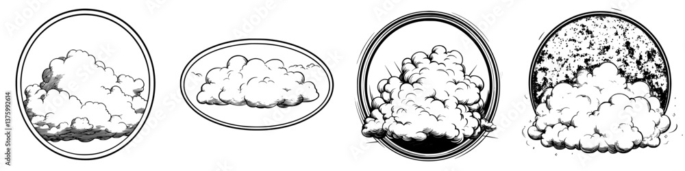 Poster sketches depicting various cloud forms in creative illustrations showing different textures and styl
