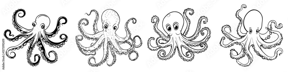 Poster unique illustrations of playful octopuses showcasing different expressions and forms in black and wh