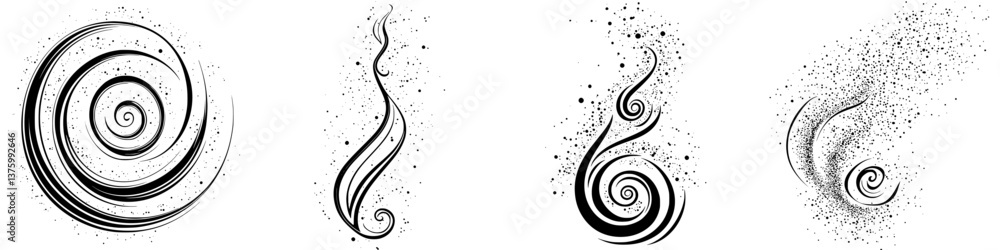 Poster swirling black and white patterns create dynamic visual flow and artistic movement