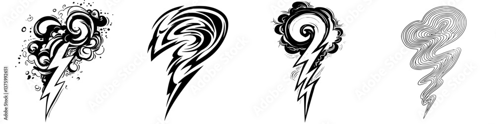 Poster various artistic representations of lightning and storm clouds showcasing dynamic shapes and pattern