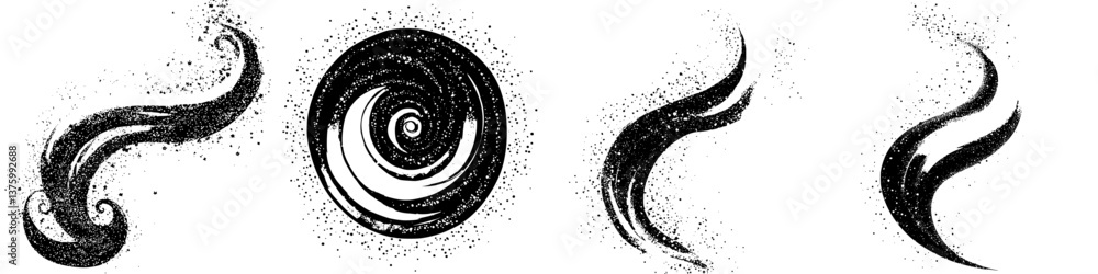 Poster swirling patterns of black and white ink create a dynamic visual flow of abstract forms