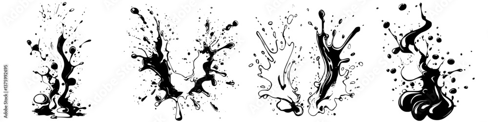 Poster black ink splashes create dynamic shapes on a white background during an art session in a studio