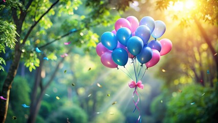 A bouquet of blue and pink balloons with a pink bow floats in the air, surrounded by a soft green bokeh of foliage and sunlight.
