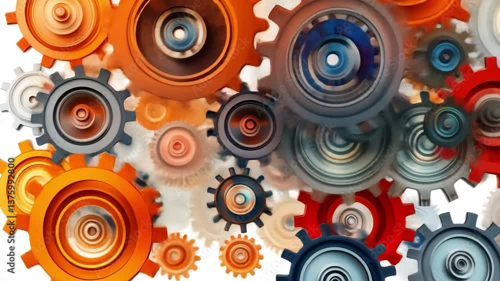 Poster interlocking gears of innovation: a vibrant and dynamic visual of interconnected gears, illustrating