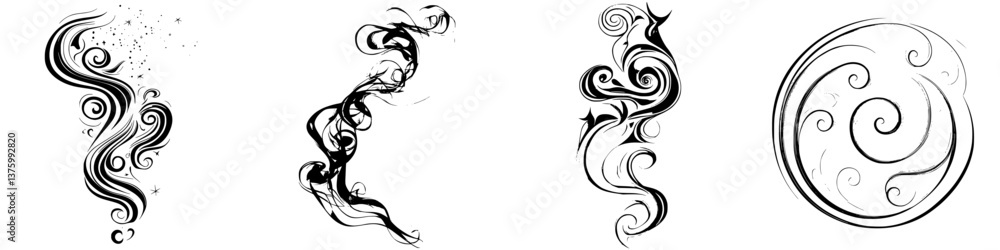 Aufkleber swirling line art displayed in various forms and styles in a minimalist black and white design