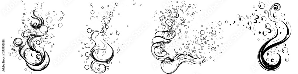 Poster fluid shapes and bubbles create an abstract underwater scene with dynamic movement and energy