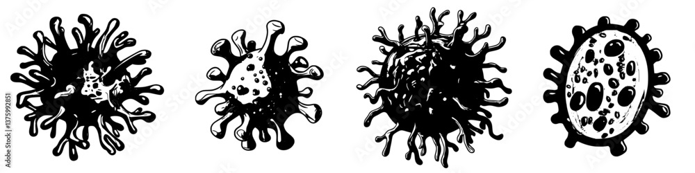 Poster unique illustrations of various microorganisms with distinct shapes and textures on a white backgrou