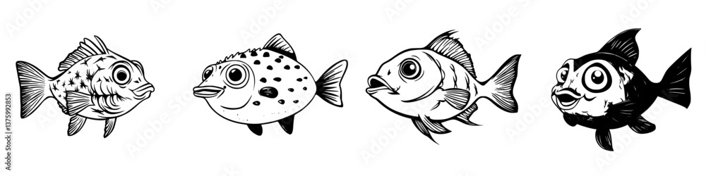 Aufkleber different types of cartoon fish showcasing unique expressions and patterns in a playful and colorful