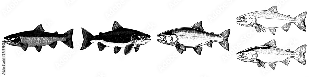 Poster different species of fish swimming in a row with distinct features and movements in a stylized desig
