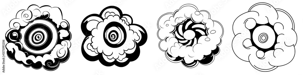 Poster creative spiral cloud designs with varied patterns and shapes showcasing intricate details and contr