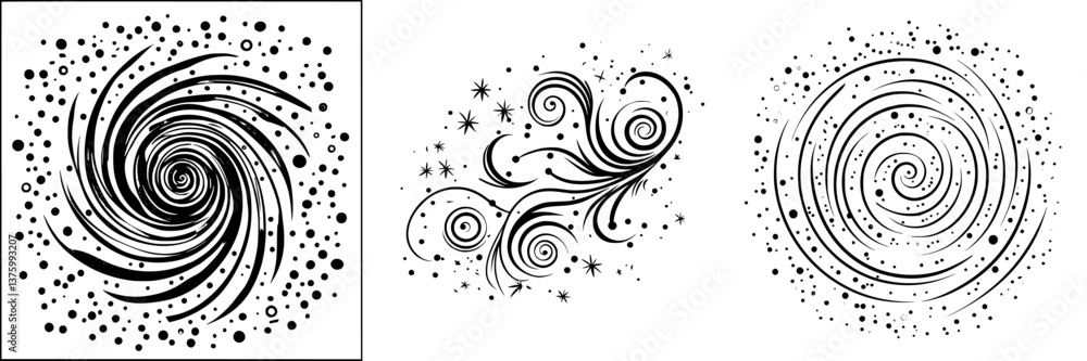 Poster abstract swirls and patterns with circles and stars on a white background representing a sense of mo