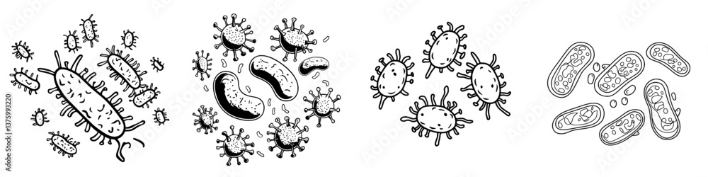 Poster illustration of various bacteria in different forms showing their unique structures and shapes in a 