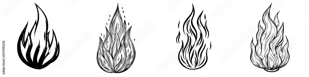 Poster various artistic representations of fire flames in different styles and designs on a plain backgroun