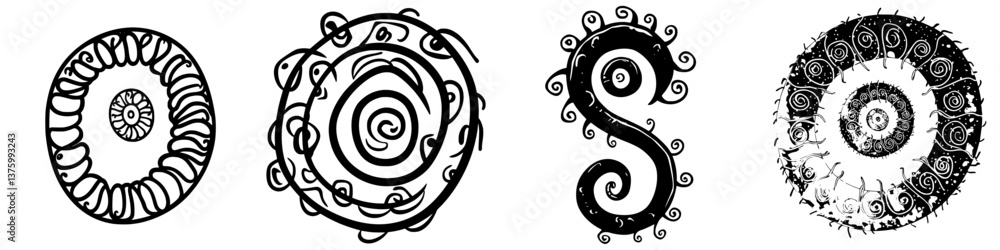 Poster unique spiral patterns designed with intricate swirls and lines showcase artistic expression on a wh