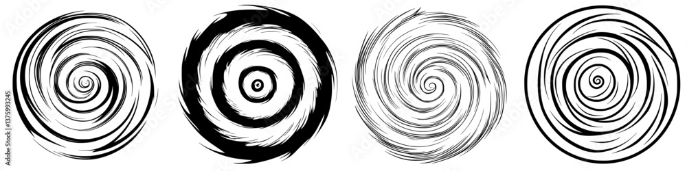 Poster swirling patterns create dynamic visual effects in black and white circular designs