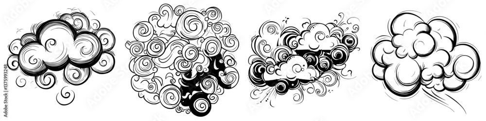 Poster artistic representation of swirling clouds in black and white showcasing different shapes and sizes