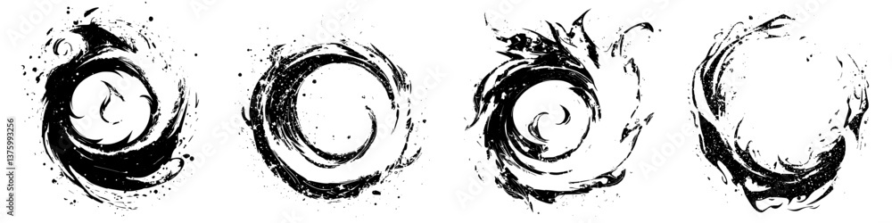 Poster swirling patterns created with black ink on a white background showcasing artistic designs and textu